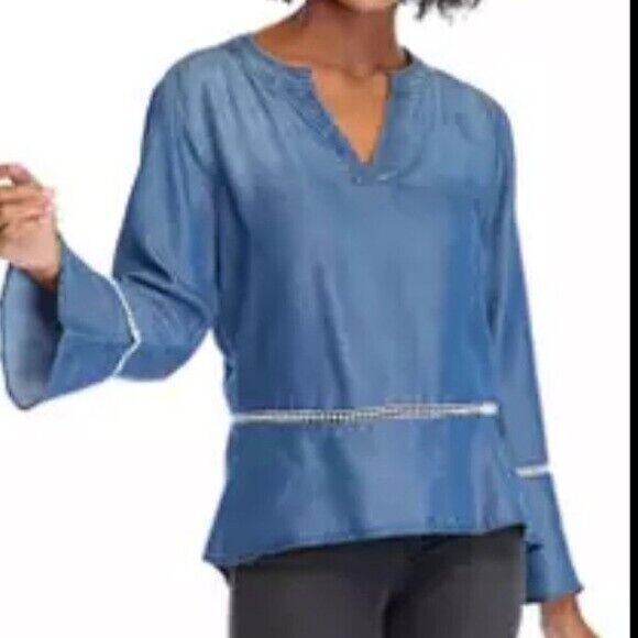 Womens XL Chambray Top Lagenlook Blouse Boho Blue Flare Sleeve Lyocell Casual - Picture 1 of 7